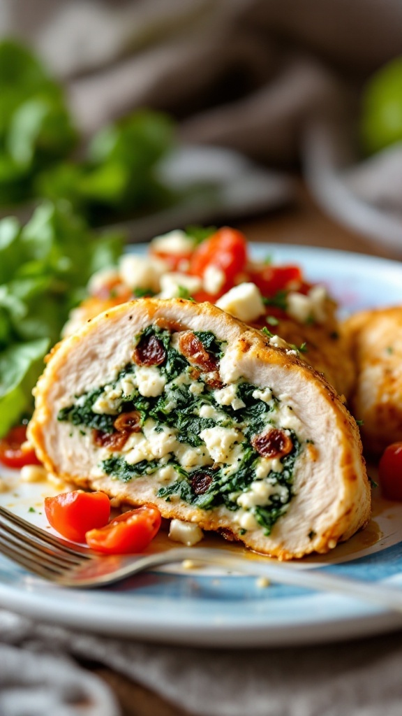 Mediterranean stuffed chicken breasts with spinach and feta.