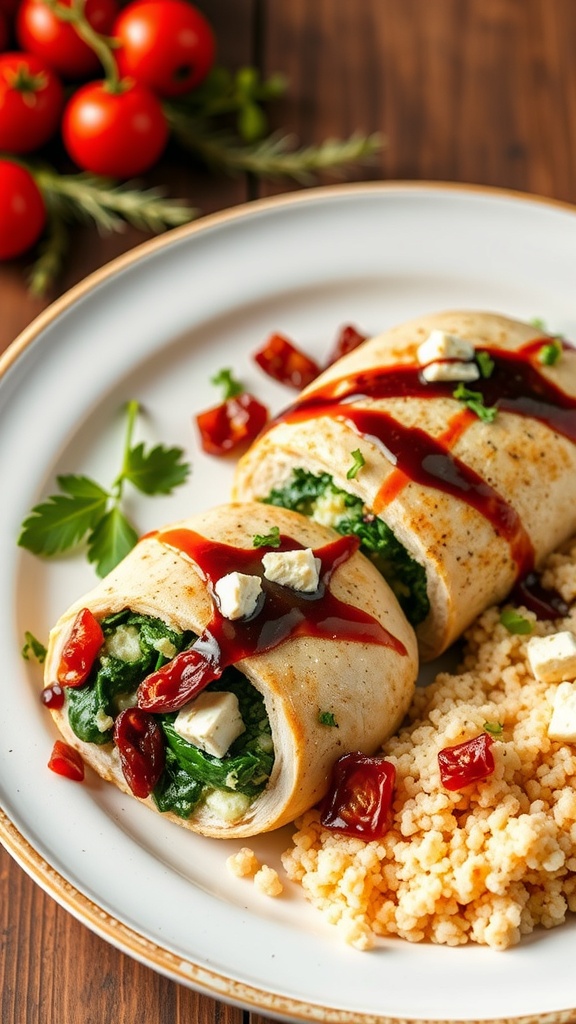 Mediterranean stuffed chicken breasts served with couscous and garnished with tomatoes.