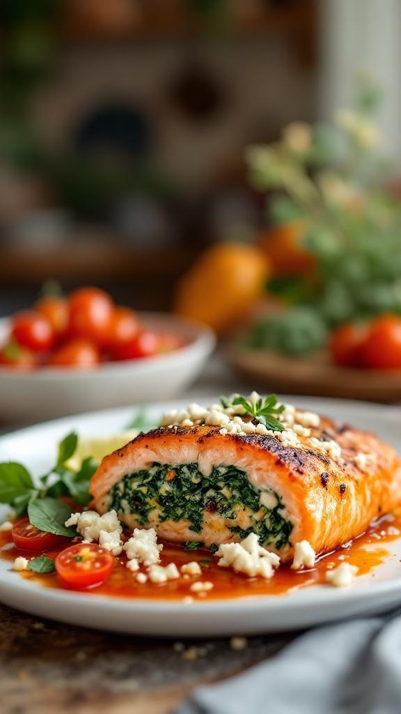 Mediterranean Stuffed Salmon with Spinach and Feta on a plate with cherry tomatoes and herbs