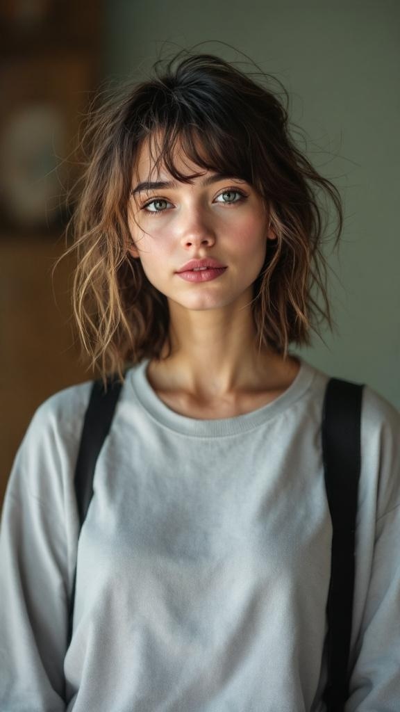 A young woman with messy bangs and a casual outfit, showcasing a relaxed hairstyle.