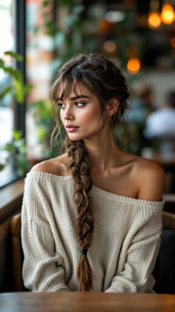 A woman with a long, messy braid wearing a cozy oversized sweater, sitting in a cafe.
