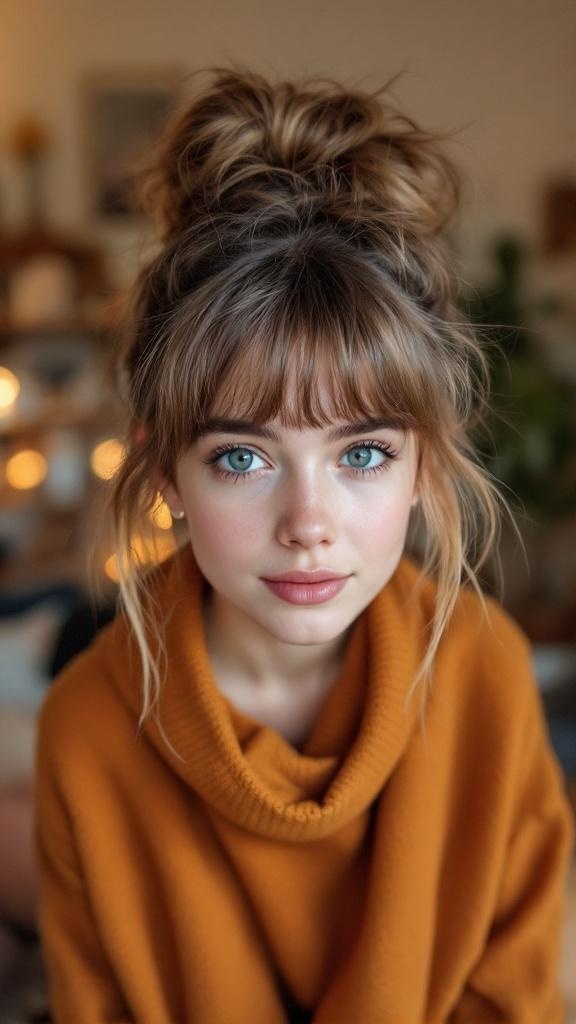 A young woman with a messy bun and curtain bangs, wearing an orange sweater, with a soft background.