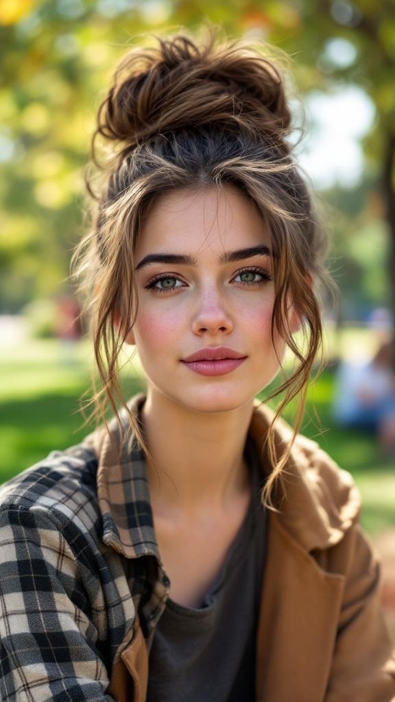 A young woman with a messy bun hairstyle and face-framing strands, sitting outdoors.
