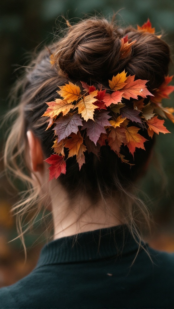 A woman with a messy bun decorated with colorful autumn leaves