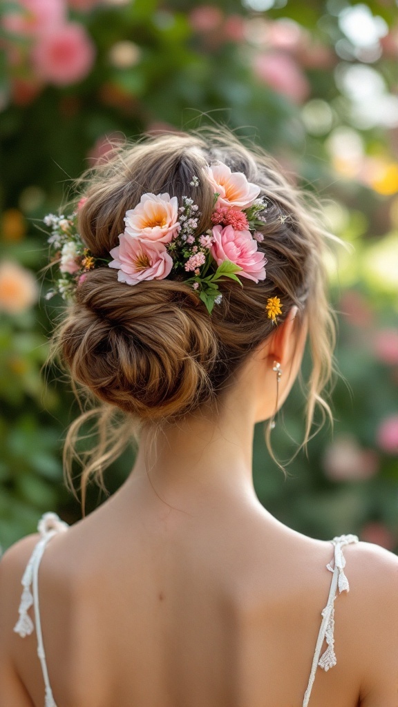 A beautiful messy bun hairstyle adorned with floral accents, featuring pink and white flowers.