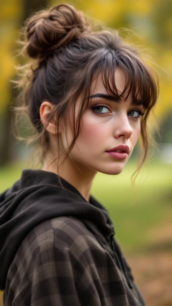 A woman with a messy bun and short layers, showcasing a relaxed and stylish hairstyle.
