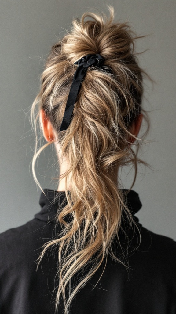 A woman with a messy textured high ponytail secured with a black scrunchie.
