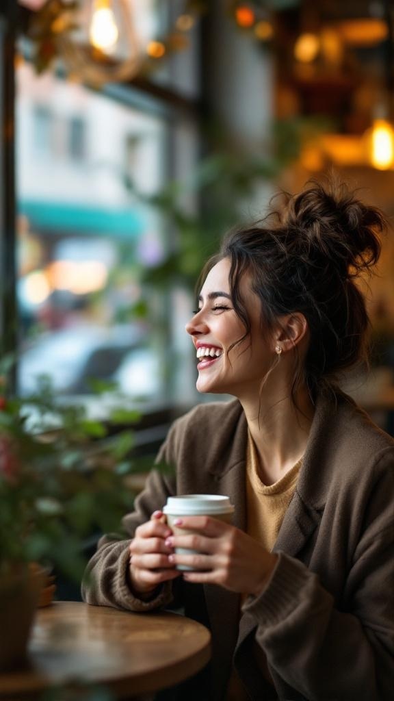 A woman with a messy top knot hairstyle, smiling while holding a coffee cup in a cozy café setting.