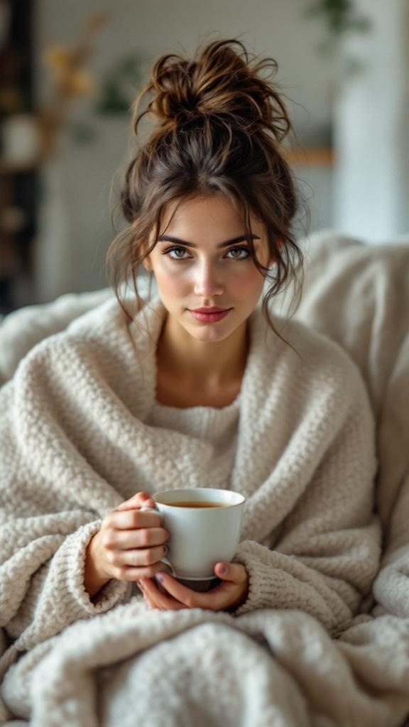 A woman with a messy top knot hairstyle, holding a cup of tea, wrapped in a cozy blanket.