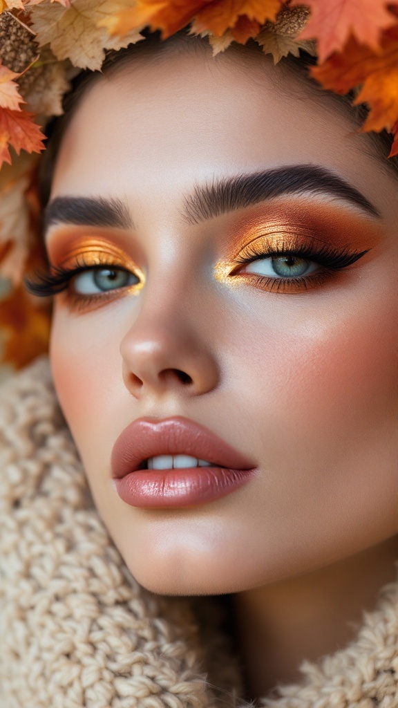 Model showcasing metallic makeup accents with warm tones of gold and copper, complemented by a cozy scarf and autumn leaves.