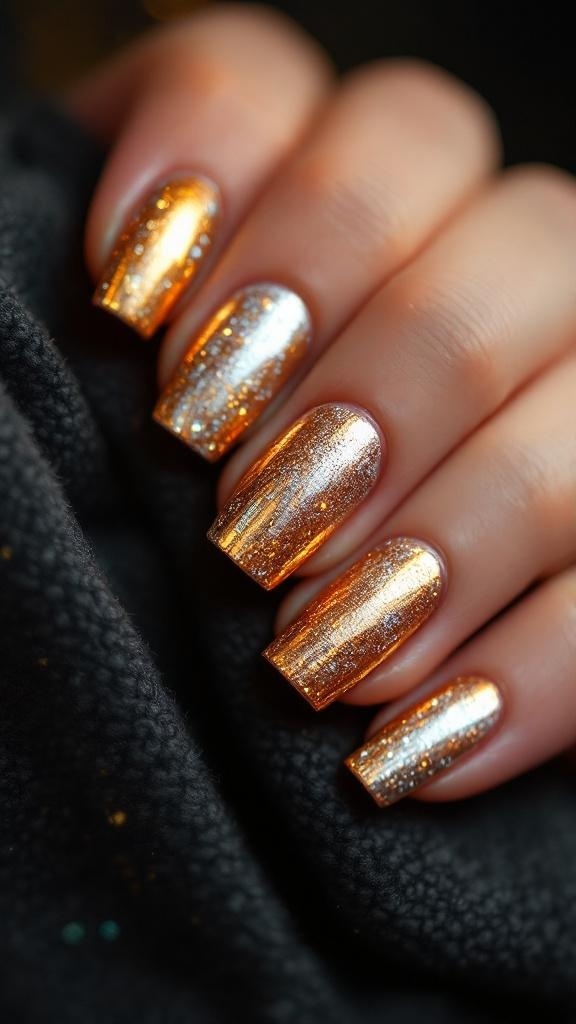 Close-up of short nails with metallic foil details in gold and silver
