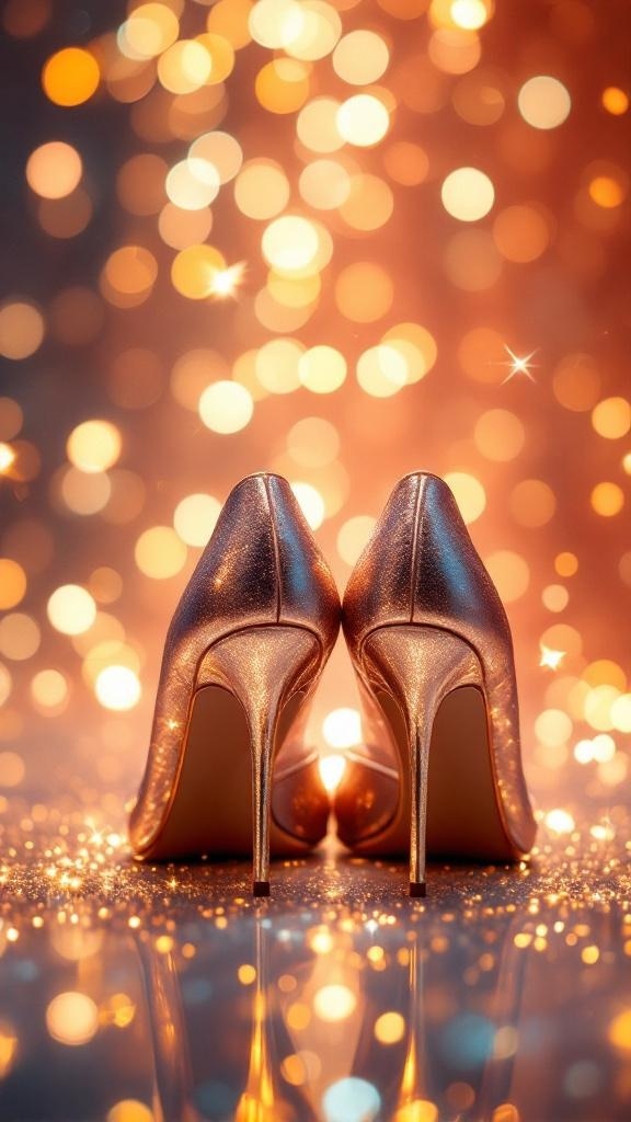 A pair of metallic heels with a shimmering background
