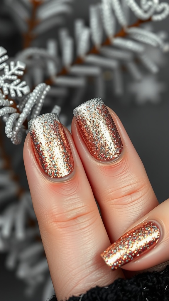 Close-up of metallic winter nail design featuring copper and silver shades with glitter