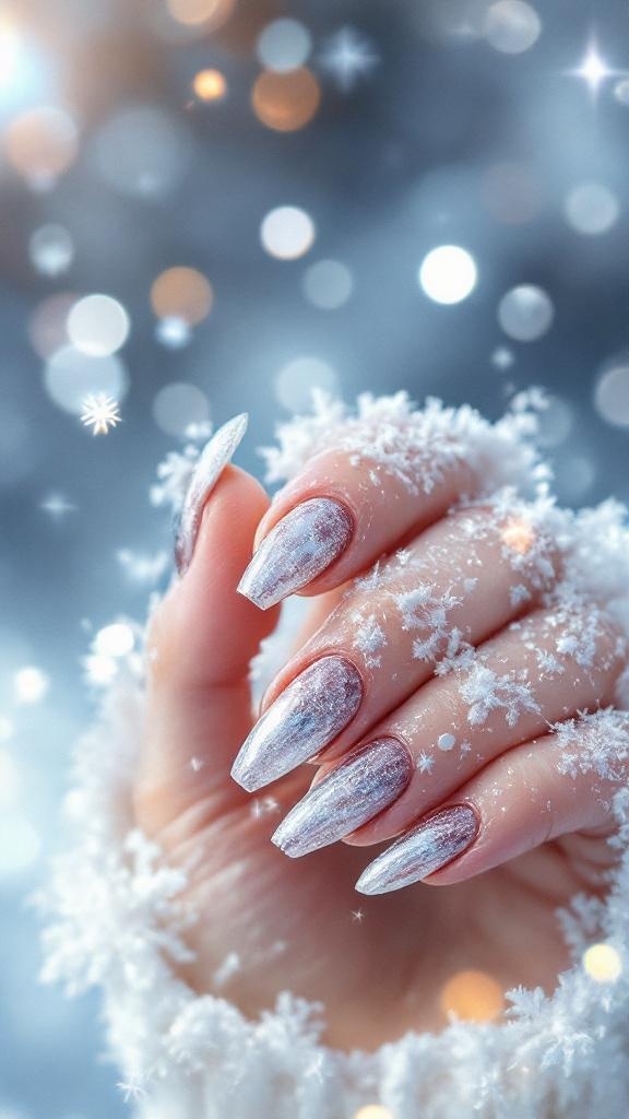 Beautiful hand with metallic silver nails surrounded by snowflakes and a blurred winter background