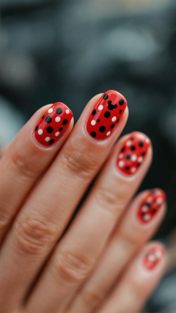Nails painted in red with black and white polka dots and a Mickey Mouse silhouette