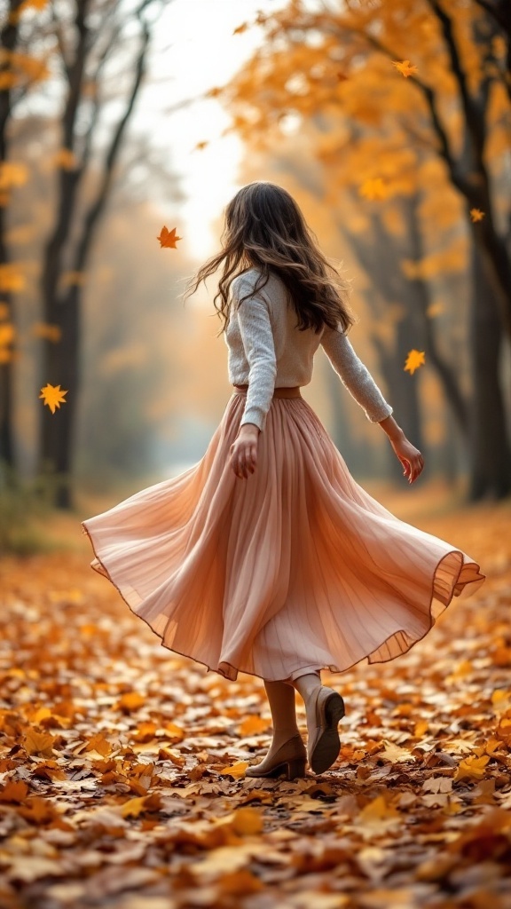 A woman in a flowing peach midi skirt twirling in an autumn setting with falling leaves.