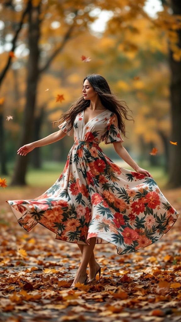 A woman twirling in a floral midi skirt surrounded by autumn leaves