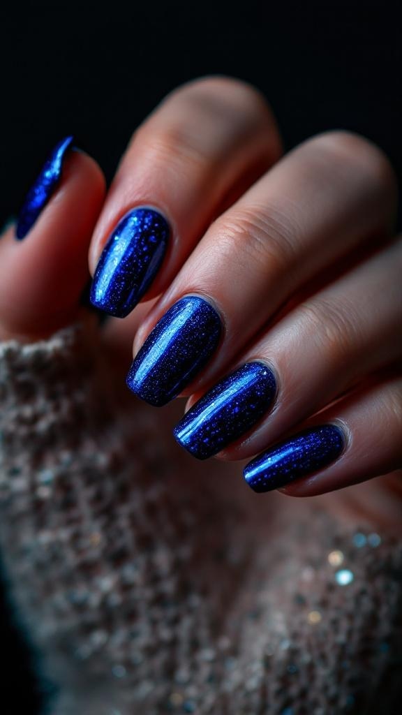 Close-up of hands with midnight blue glitter nails.