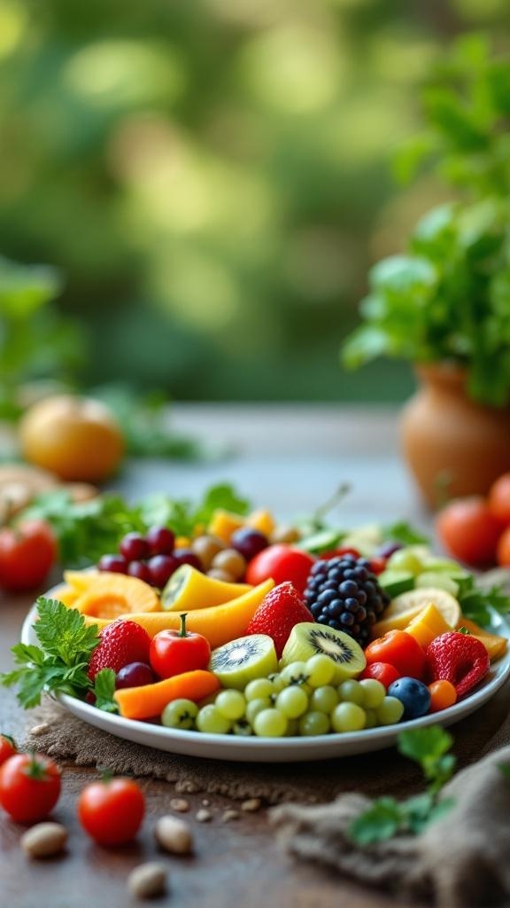 A colorful platter of fresh fruits including strawberries, grapes, kiwi, and mango, surrounded by greenery.