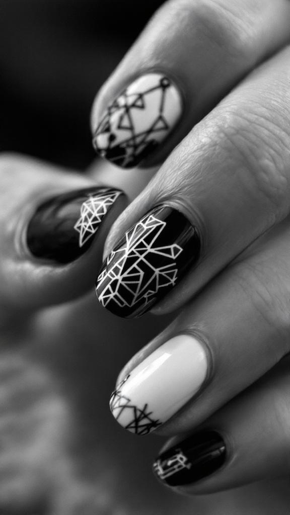 Close-up of short nails with minimalist geometric patterns in black and white.