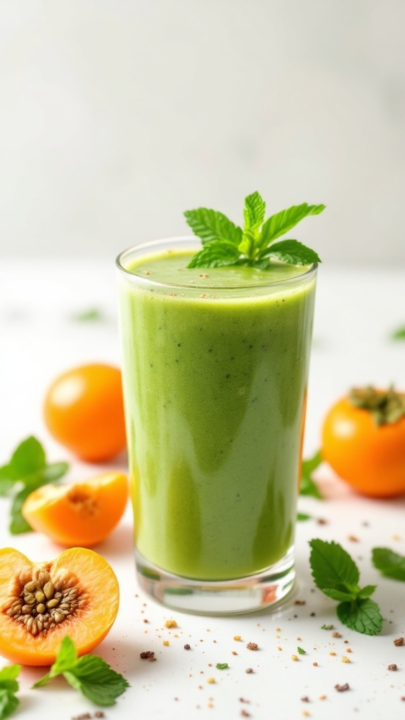 Minty Green Persimmon Smoothie with fresh ingredients