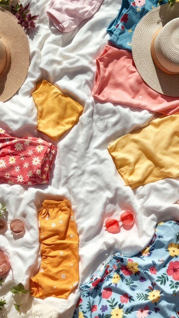 A collection of summer clothes and accessories including hats, shirts, and sunglasses arranged on a white surface.