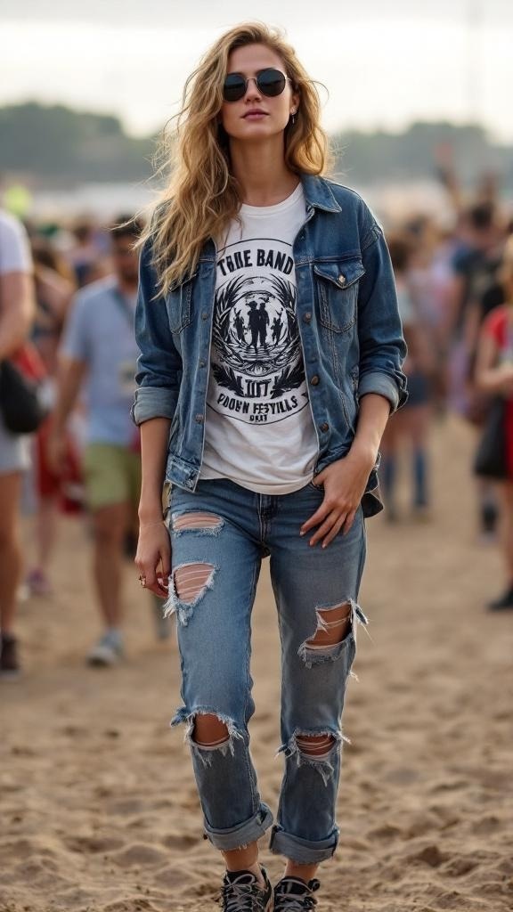 A stylish individual wearing a bold floral print outfit at a concert, featuring a matching jacket and pants, accessorized with sunglasses and layered jewelry.