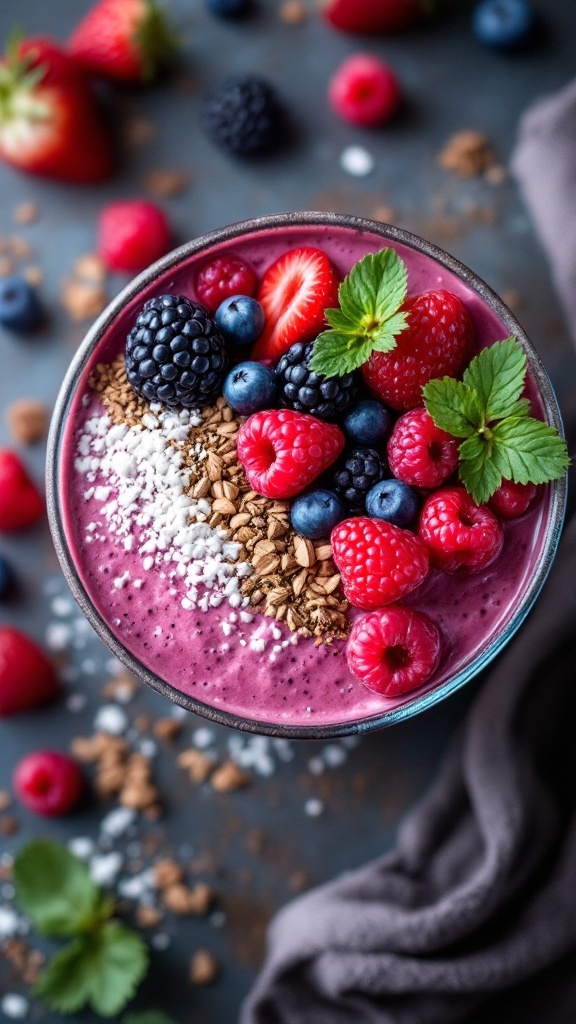 A colorful mixed berry smoothie bowl topped with fresh berries, granola, and mint leaves.