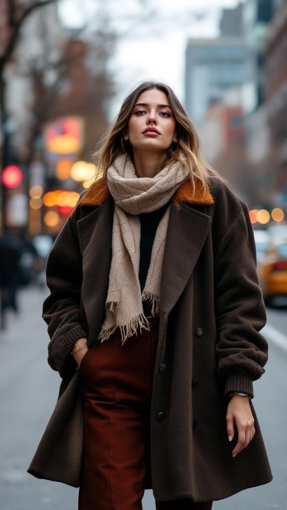 A stylish woman in a brown coat and scarf, standing confidently on a city street.