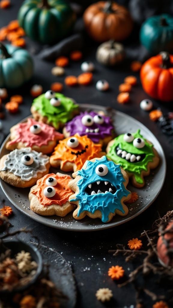 A plate of colorful monster eye cookies decorated with icing and candy eyeballs, perfect for Halloween.