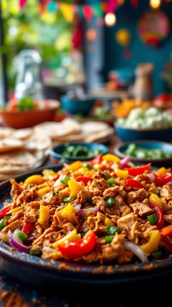 A vibrant platter of shredded chicken fajitas with colorful peppers and onions, ready to be served.