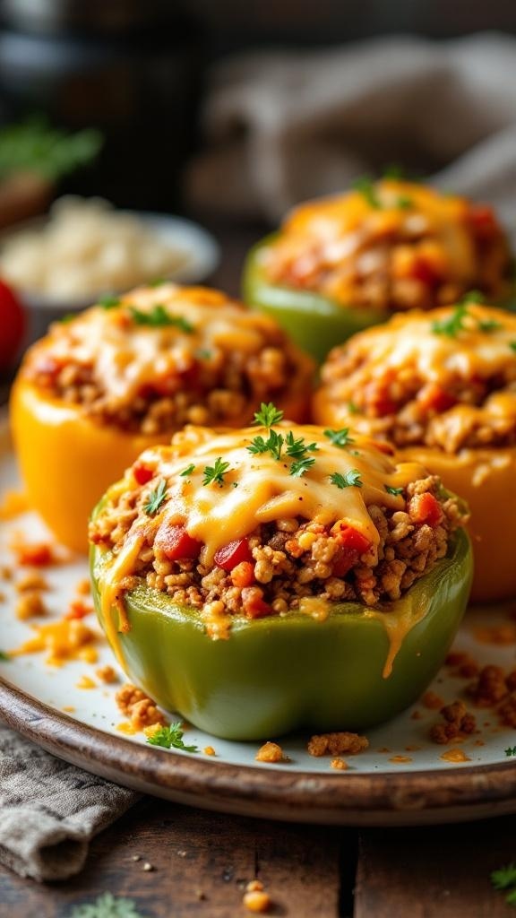 A plate of colorful stuffed bell peppers topped with melted cheese and garnished with parsley.
