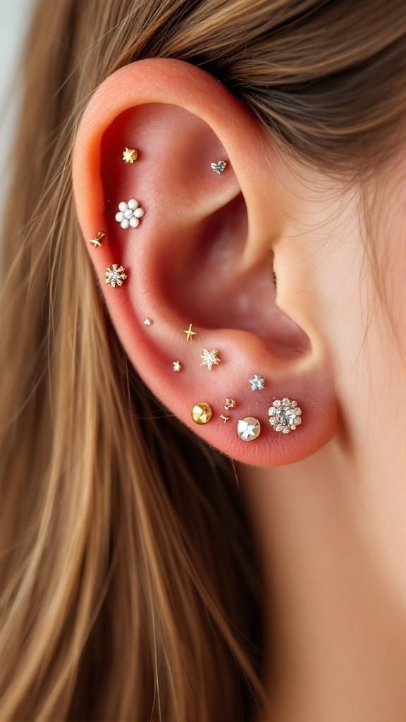 Close-up of an ear with multiple lobe piercings adorned with various stud earrings.