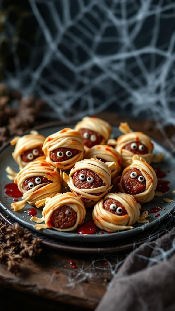 A plate of Mummy Meatballs wrapped in dough with eyes, served with marinara sauce.