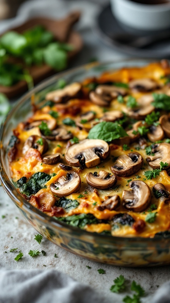 A warm mushroom and spinach breakfast strata with fresh herbs on top.