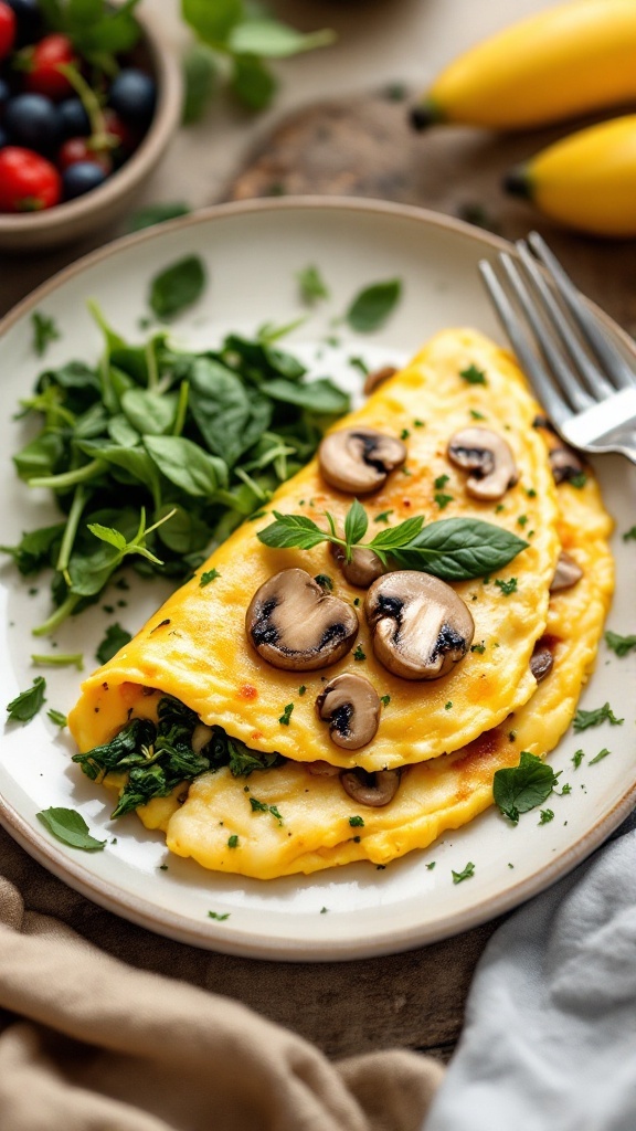 A delicious mushroom and spinach omelette served with a side salad.