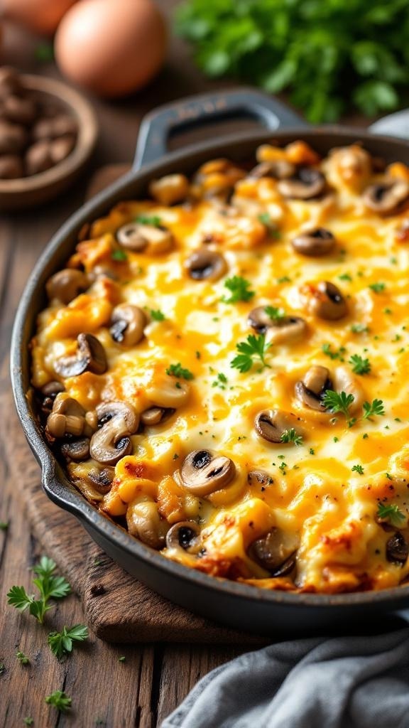 A delicious mushroom and Swiss breakfast casserole topped with cheese and herbs.