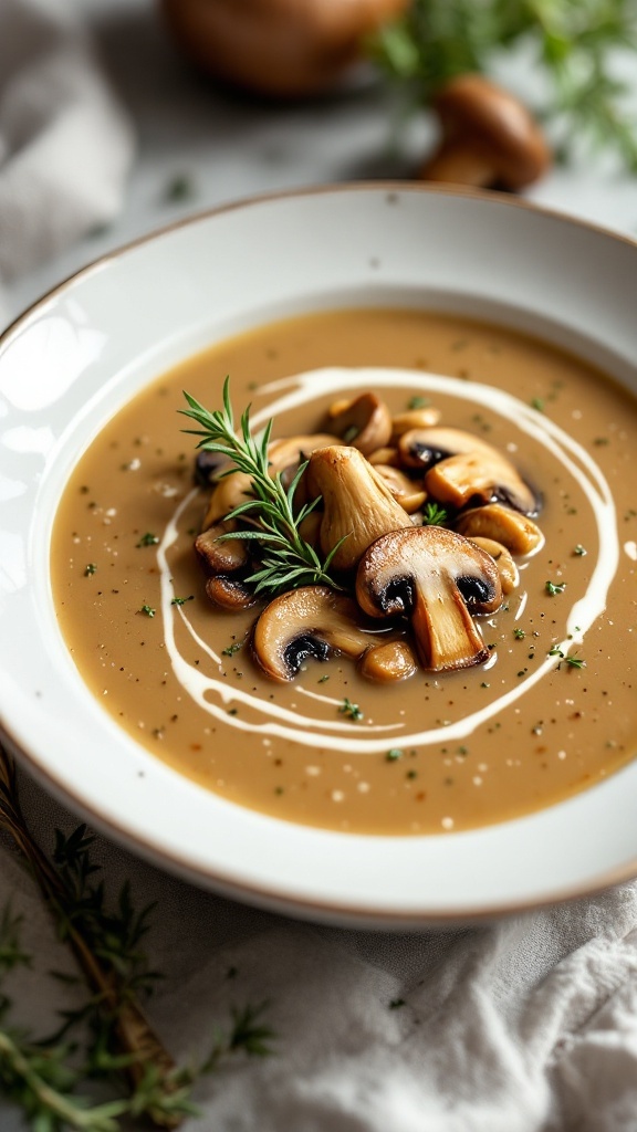 A bowl of creamy mushroom and thyme soup garnished with fresh herbs.