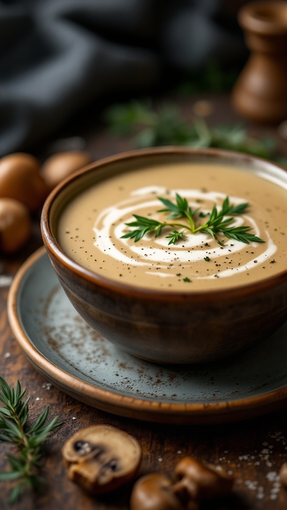 A bowl of creamy mushroom soup garnished with fresh herbs.