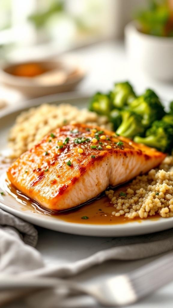 Plate of mustard and brown sugar glazed salmon with couscous and broccoli