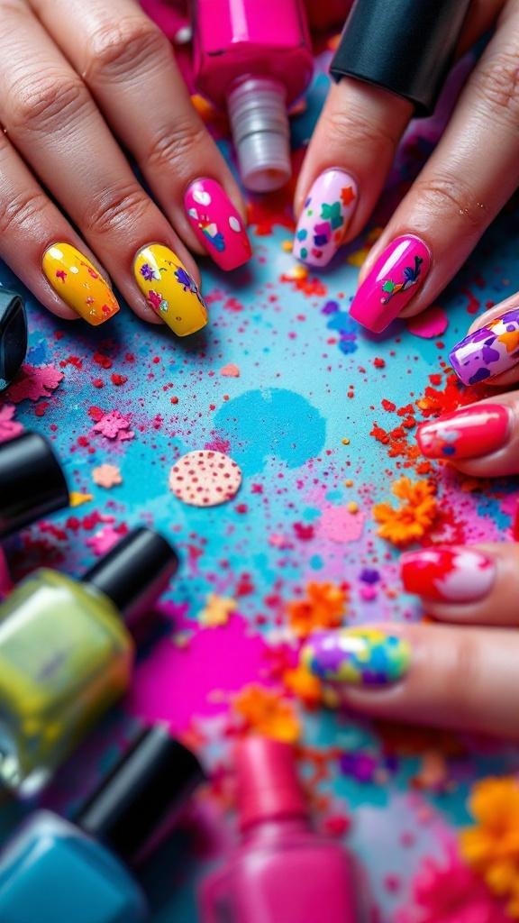Colorful nail art with floral designs and nail polish bottles