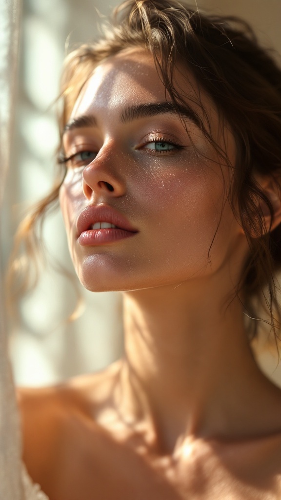 A close-up of a young woman with dewy skin, highlighted cheekbones, and a soft glow, showcasing the natural dewy skin trend for fall.