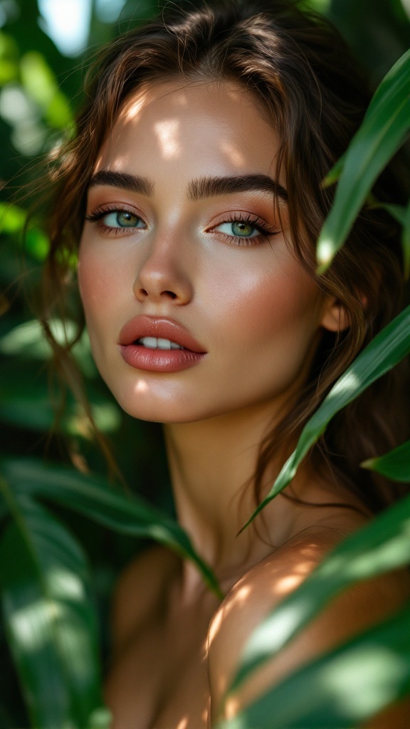 A model with natural makeup and a dewy finish, surrounded by greenery.