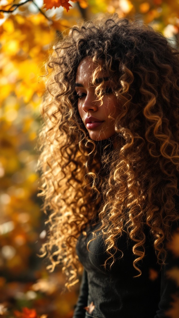 Young woman with beautiful curly hair standing in an autumn setting.