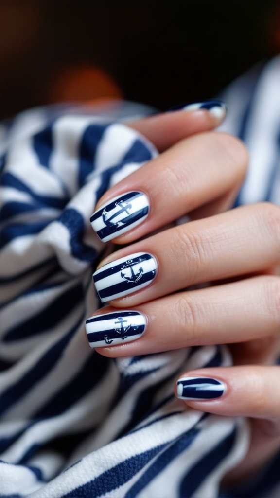 Nautical striped nails with anchor designs on a hand holding striped fabric