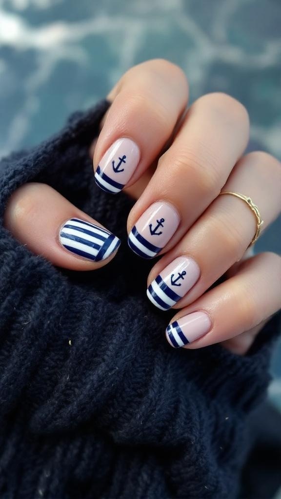 Nautical themed short nails with stripes and anchors in navy blue and beige