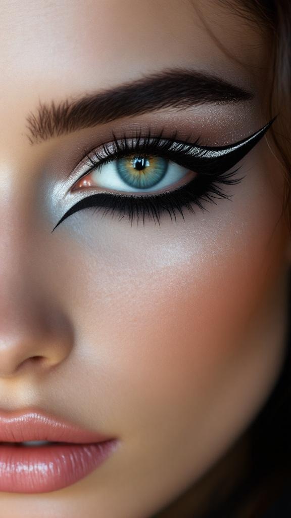 Close-up of a woman's eye showcasing negative space eyeliner with bold black lines and a natural eye color.
