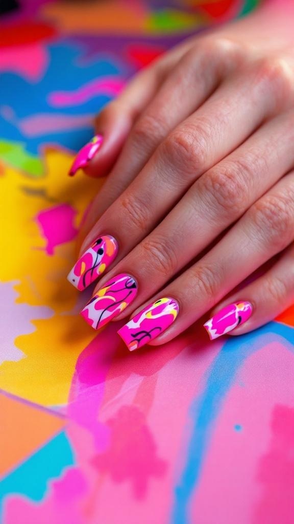 A hand with neon pink nails featuring abstract patterns in yellow and black against a colorful background.