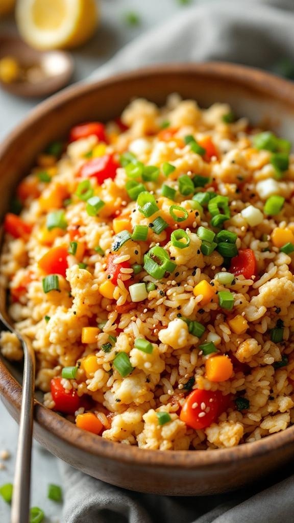 A bowl of colorful cauliflower fried rice with vegetables and green onions.