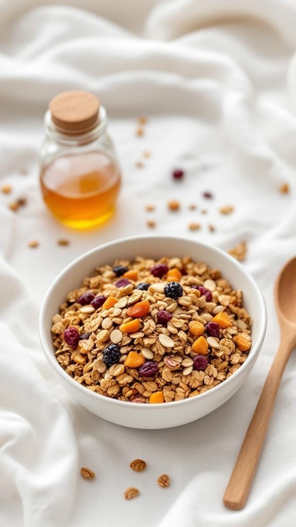 A bowl of homemade seed granola with dried fruits and a jar of honey.